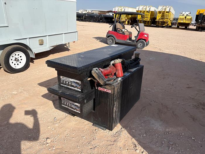Used WEATHERGARD L-SHAPED FUEL TANK W/ TRANSFER PUMP, HOSE, & (2) LOW PROFILE TRUCK TOOLBOXES