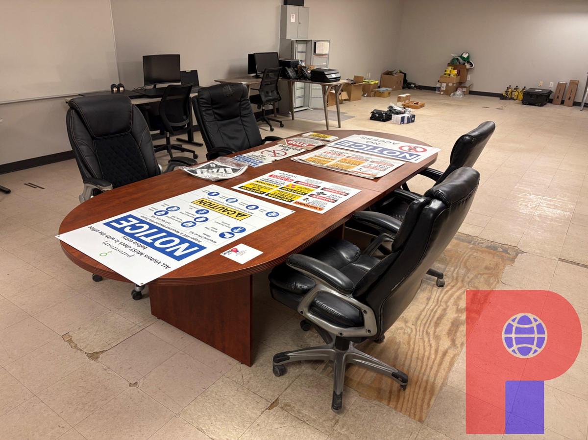 Used 9’10” X 4’ X 2’6” CONFERENCE TABLE W/ (4) CHAIRS, SAFETY SIGNS, & SAMSUNG TV