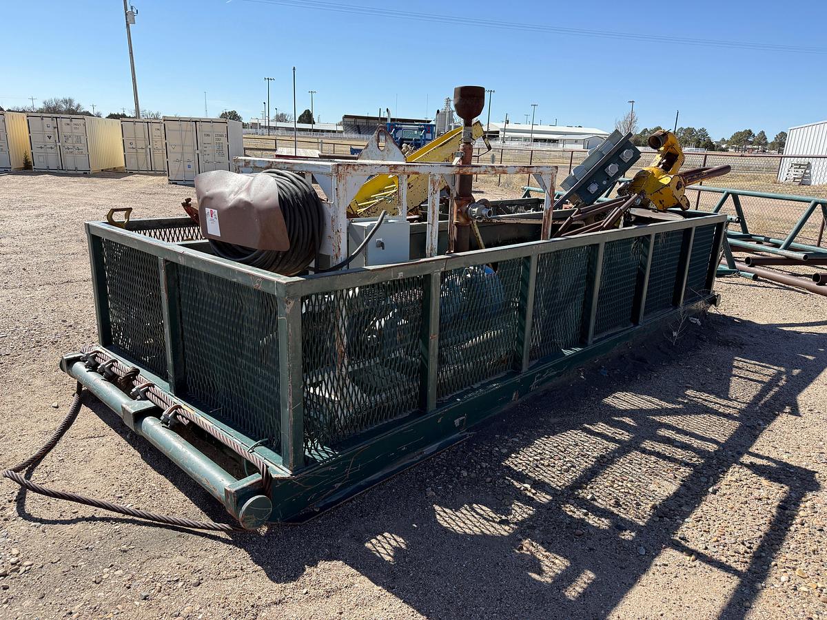 Used 20’ X 8.3’ TOOL / DRILLING RIG JUNK BASKET SKIDDED INCLUDES ROTARY SWIVEL & RELATED CONTENTS