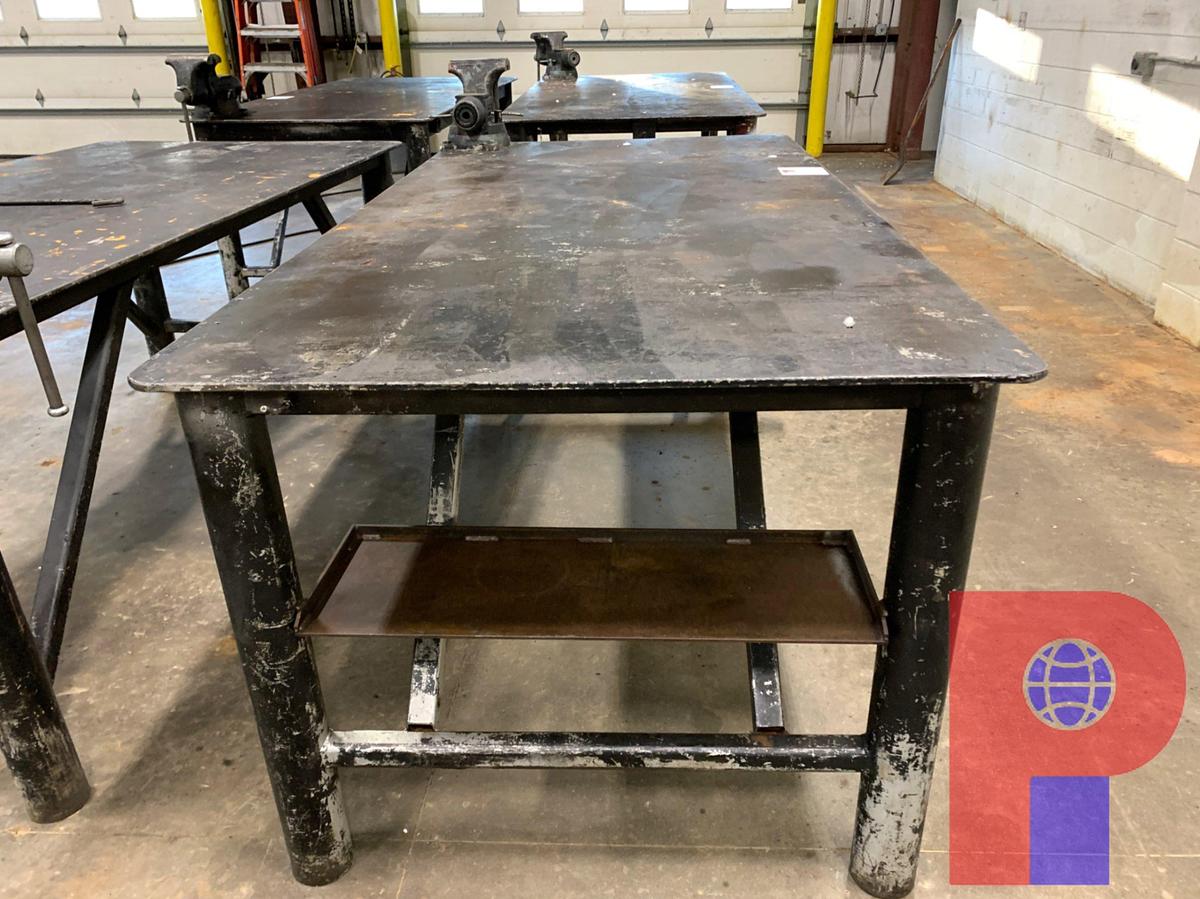Used 8’ X 4’ STEEL TABLE W/ 8” JAW VICE