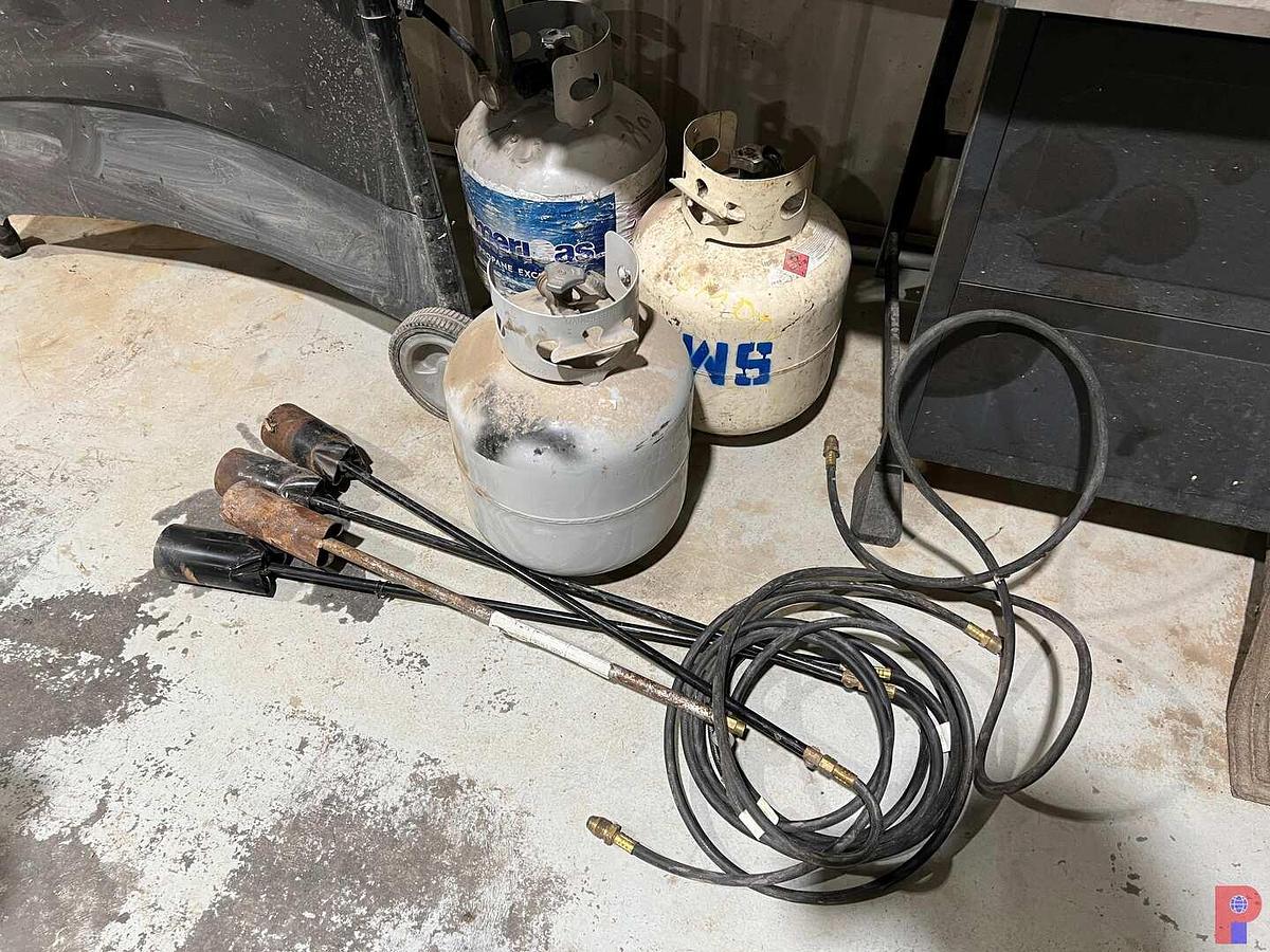 Used TWO PROPANE GRILLS W/ PROPANE BOTTLES, MAGIC CHEF REFRIGERATOR-FREEZER, FOUR PEAR BURNERS