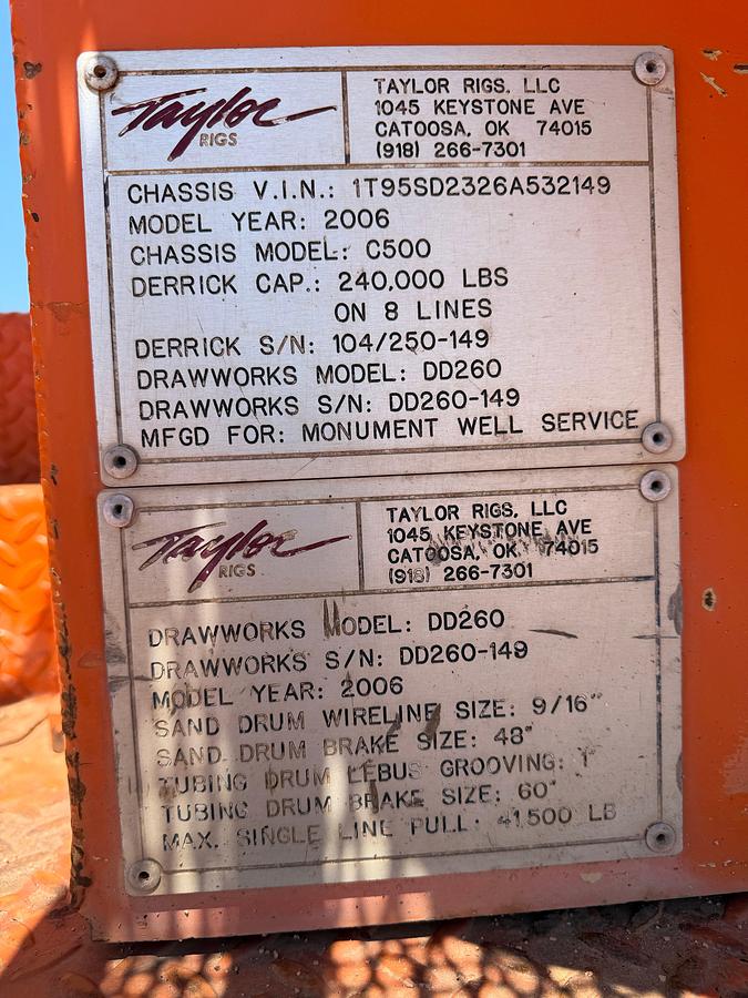 Used 2006 TAYLOR C500 DD 104'-250K 5-AXLE WELL SERVICE WORKOVER RIG