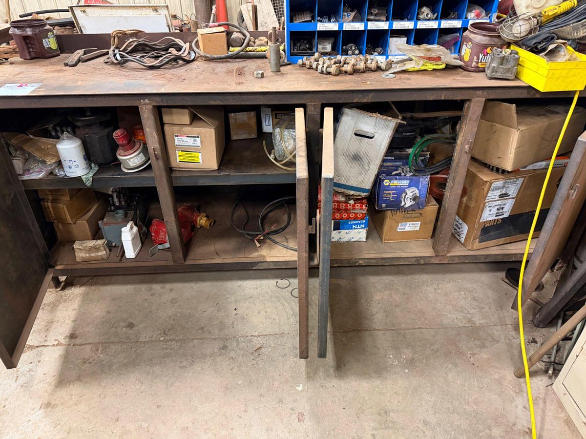 Used Heavy duty Work Bench, Drill Press & Bolt Bin w/ Contents