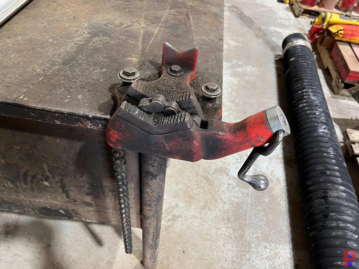 Used 10'L X 3'W METAL SHOP TABLE W/ RIGID CHOP SAW, METAL CUTTING DISCS, MTD CHAIN VICE, VICE, & WHITE BOARD