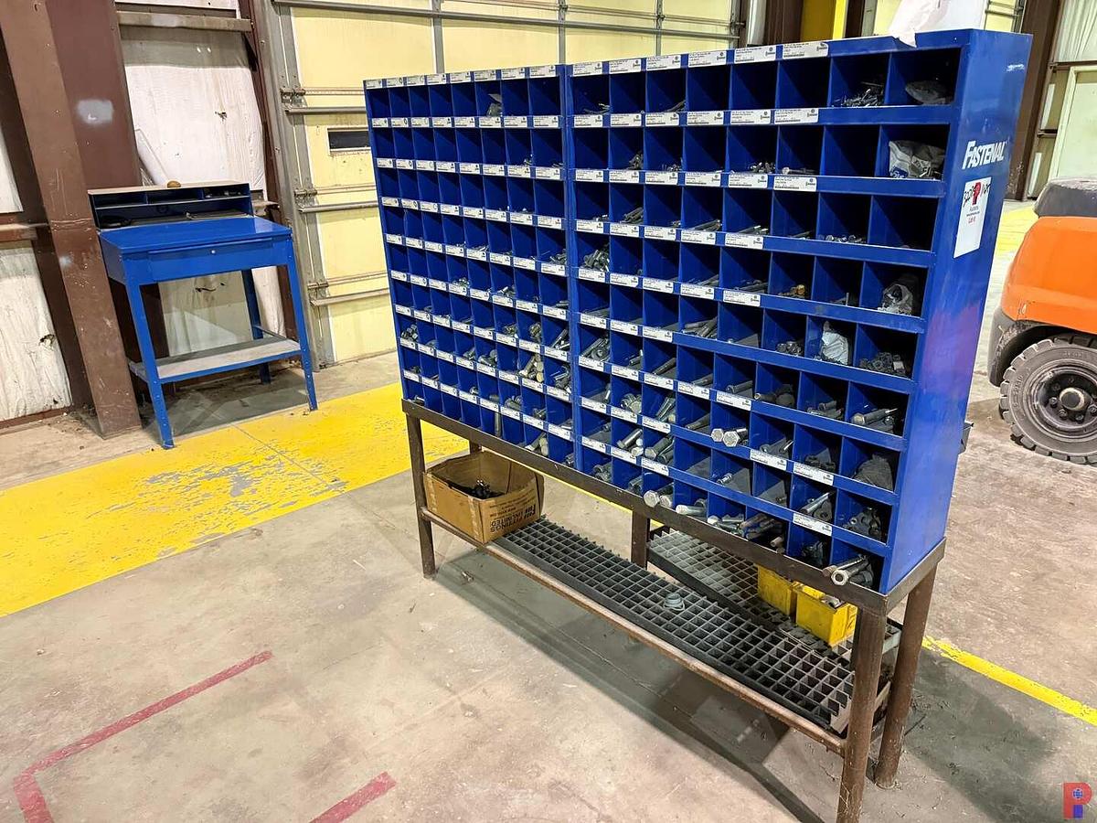Used (2) 72-BIN STORAGE FOR BOLTS W/ CONTENTS, (1) 36”STAND UP METAL DESK, (1) 18-BIN STORAGE, (2) METAL STANDS