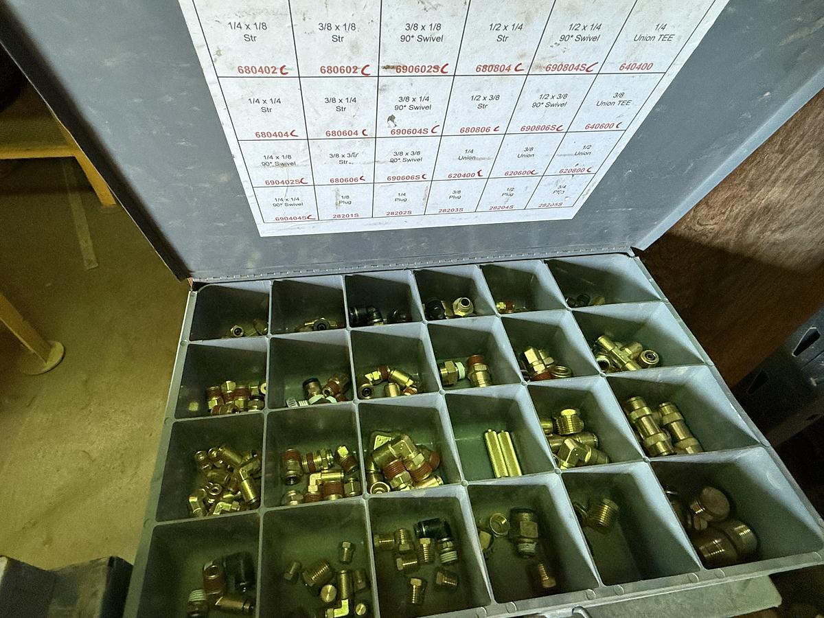 Used (1) 112-BIN BOLT BIN, (1) 77”L X 24”W X 78”H 4-SHELF RACK, (10) DURHAM SLIDE-OUT COMP. BOXES, ALL W/ TRUCK PARTS & RELATED