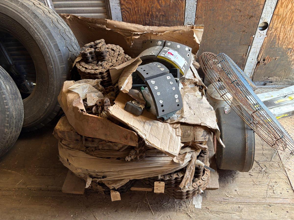 Used Pallet of rex-22 triple, double, & single roller chain w/ assorted truck parts, wheels & tires