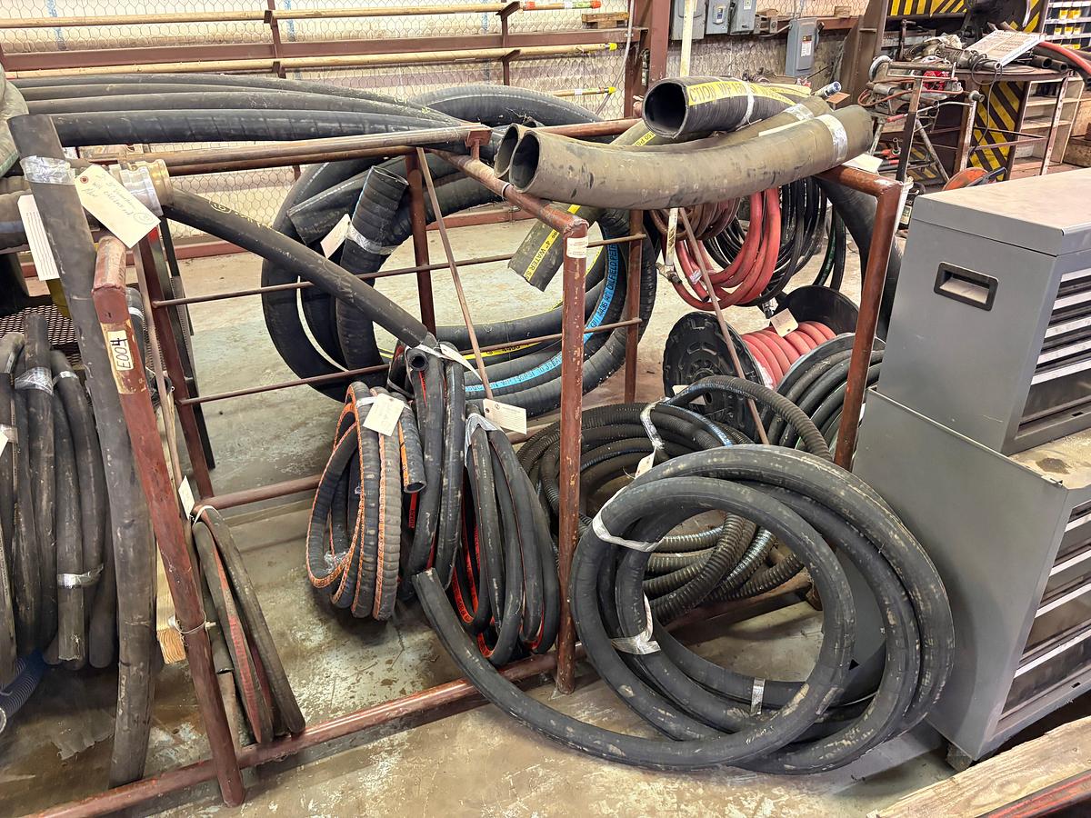 Used 8’ x 4’ x 4’ rack w/ assorted vacuum, hydraulic, & rubber hoses