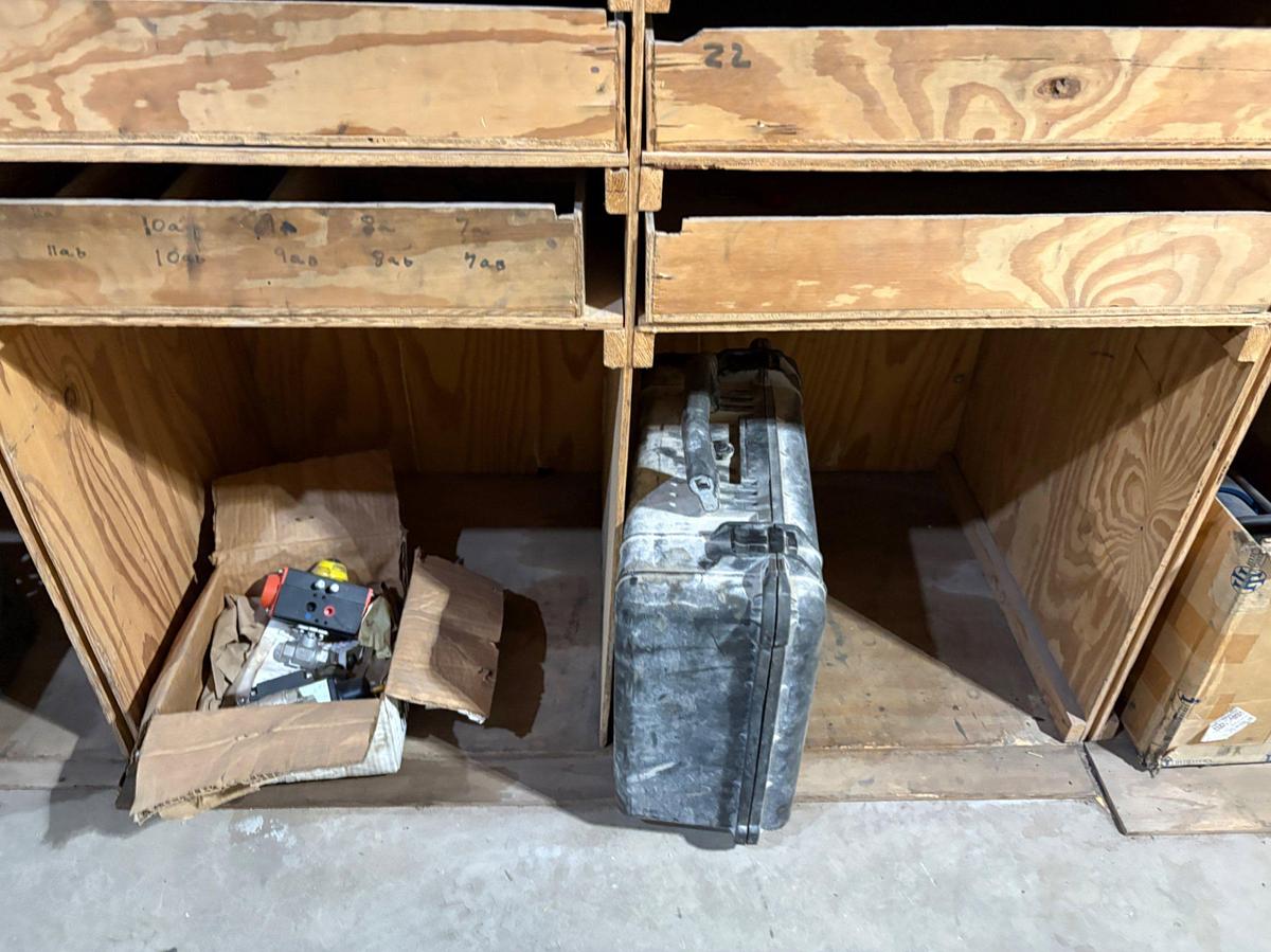 Used (4) shelves w/ assorted truck parts, chains, hand tools, etc.