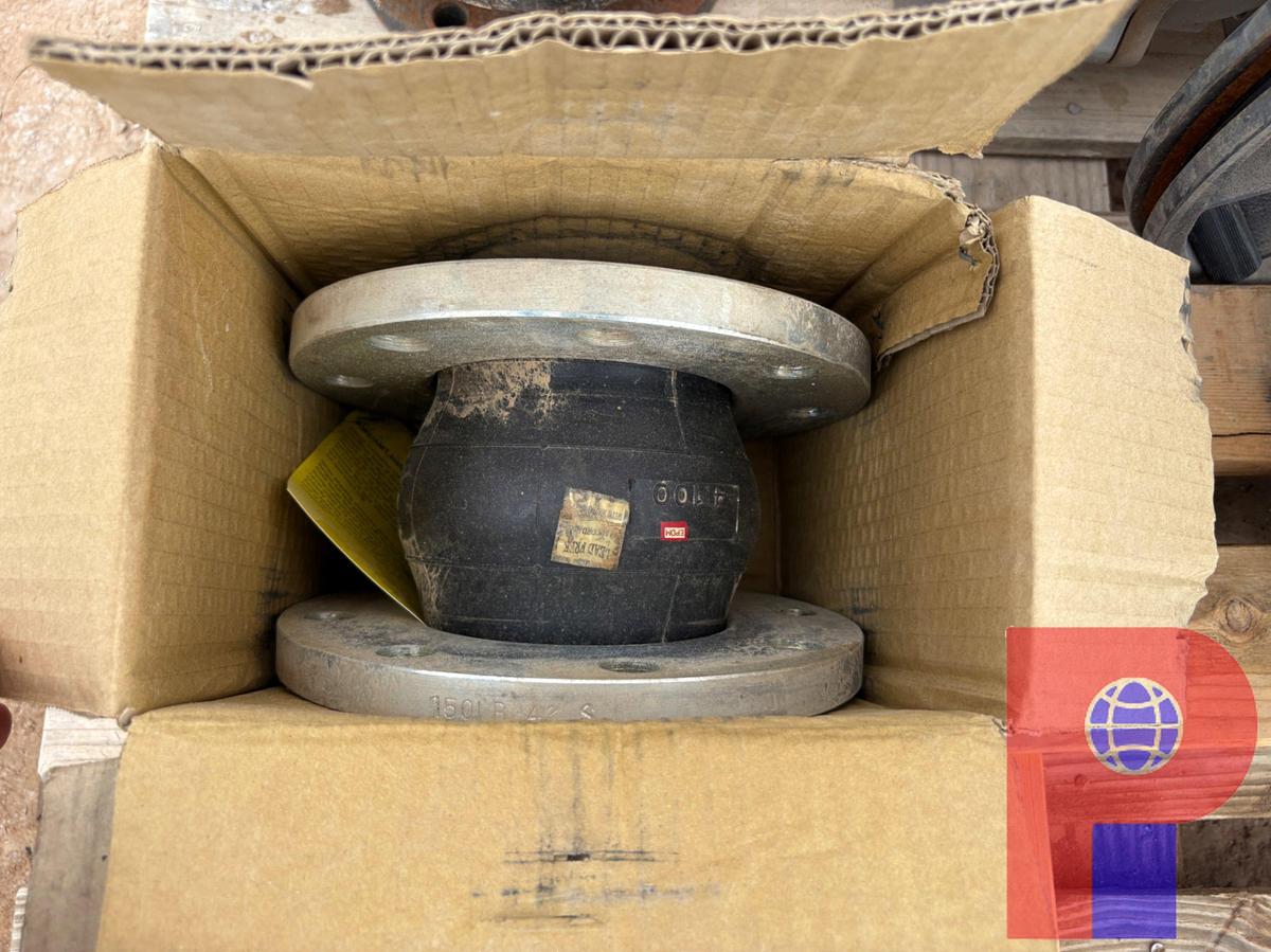 Used PALLET W/ (3) CHECK VALVES, (2) NEW 4” EXPANSION JOINTS & COMPRESSOR