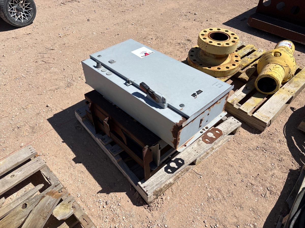 Used (3 pallets) w/ 26” x 24” x 16” hydraulic oil tank, hydraulic pump, hoses, hyd jack, breaker box, etc.