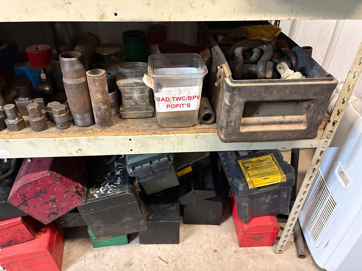 Used 4’ x 2’ x 6’ shelving w/ assorted test pump gauges, needle valves, hydraulic fittings, packing/seals, toolboxes, etc.