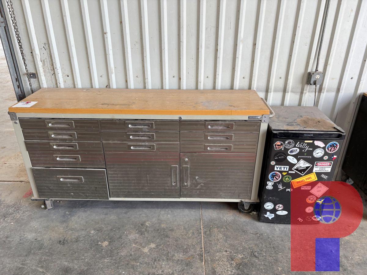 Used 6’ X 20” X 3’ 11-DRAWER TOOLBOX W/ CONTENTS & FRIGIDAIRE MINI FRIDGE