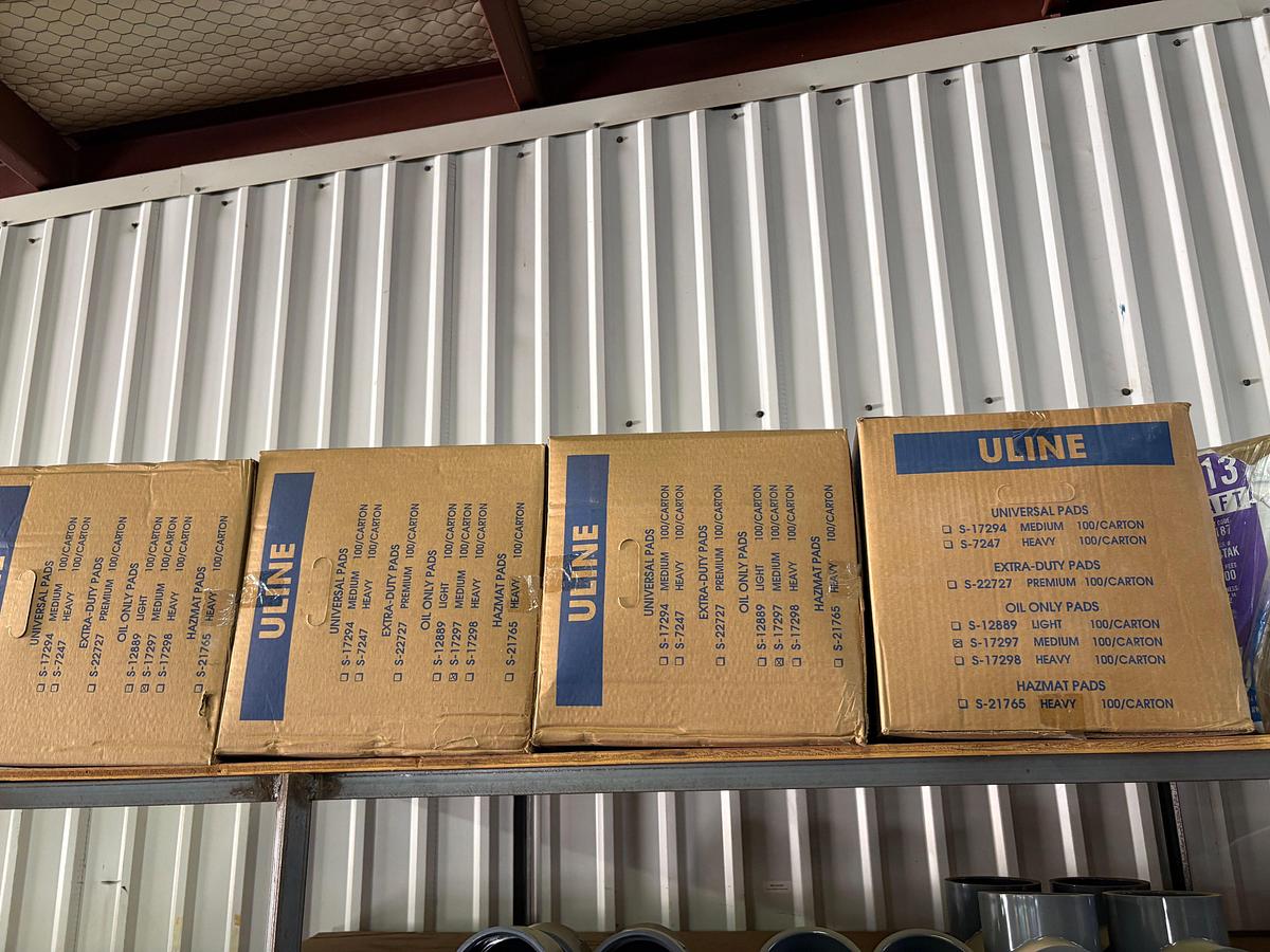 Used Contents of (5) shelves w/ U-line oil spill pads, various 2” to 4” PVC pipe fittings, etc.