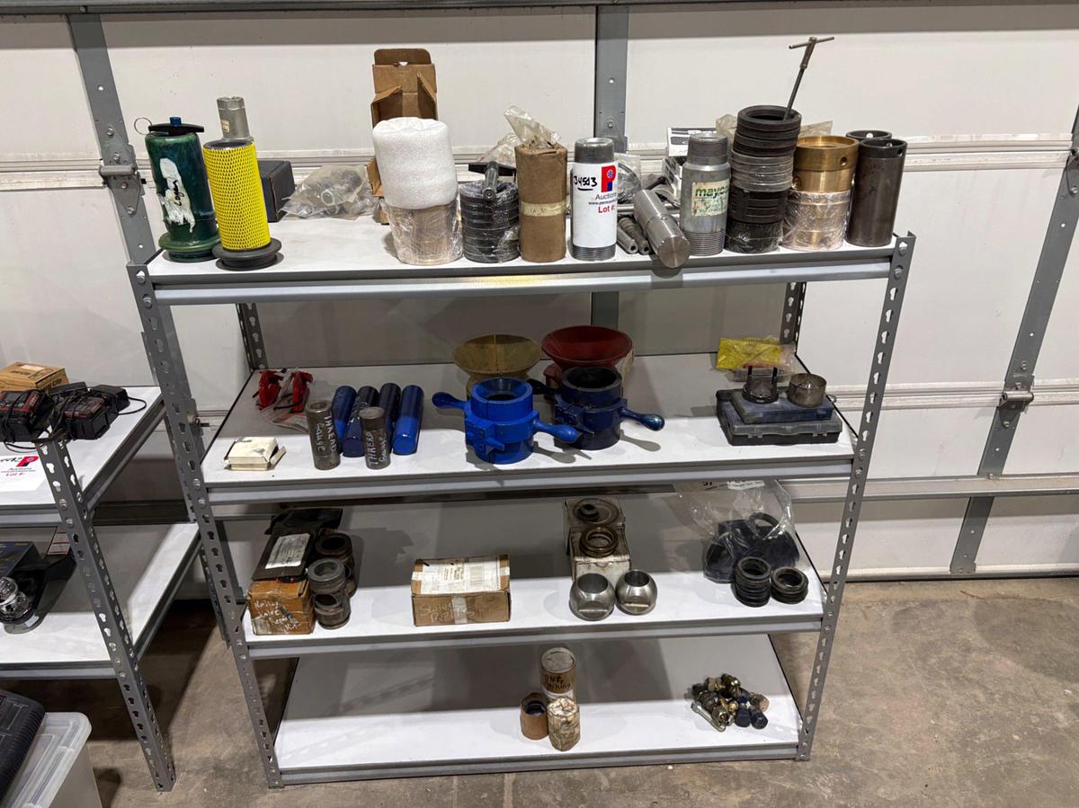 Used Shelving unit w/ (UNUSED) XK-90 & Logan swivel parts, stabbing guides, Kelly valve kits, guages, etc