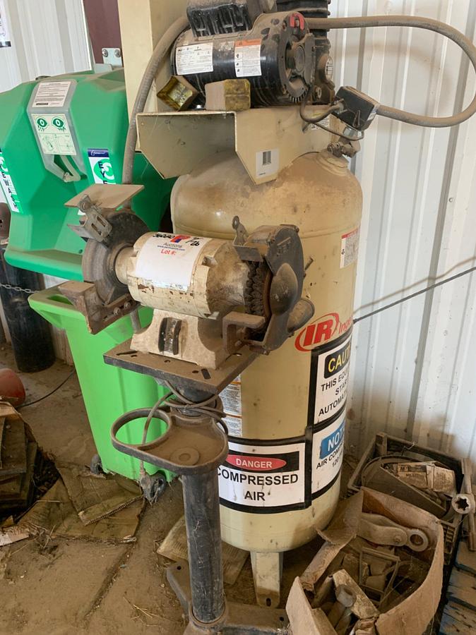 Used Ingersoll Rand 120 Gal 1 Phase Air Compressor 120 Psi and Bench Grinder w/ stand