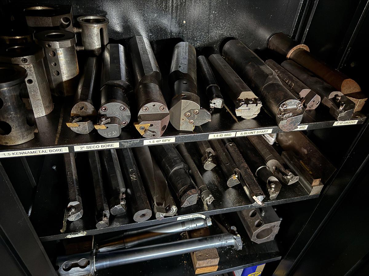 Used CABINET w/ 30+) CNC LATHE CUTTING TOOLS, ADAPTERS, JAWS, BARS, & RELATED