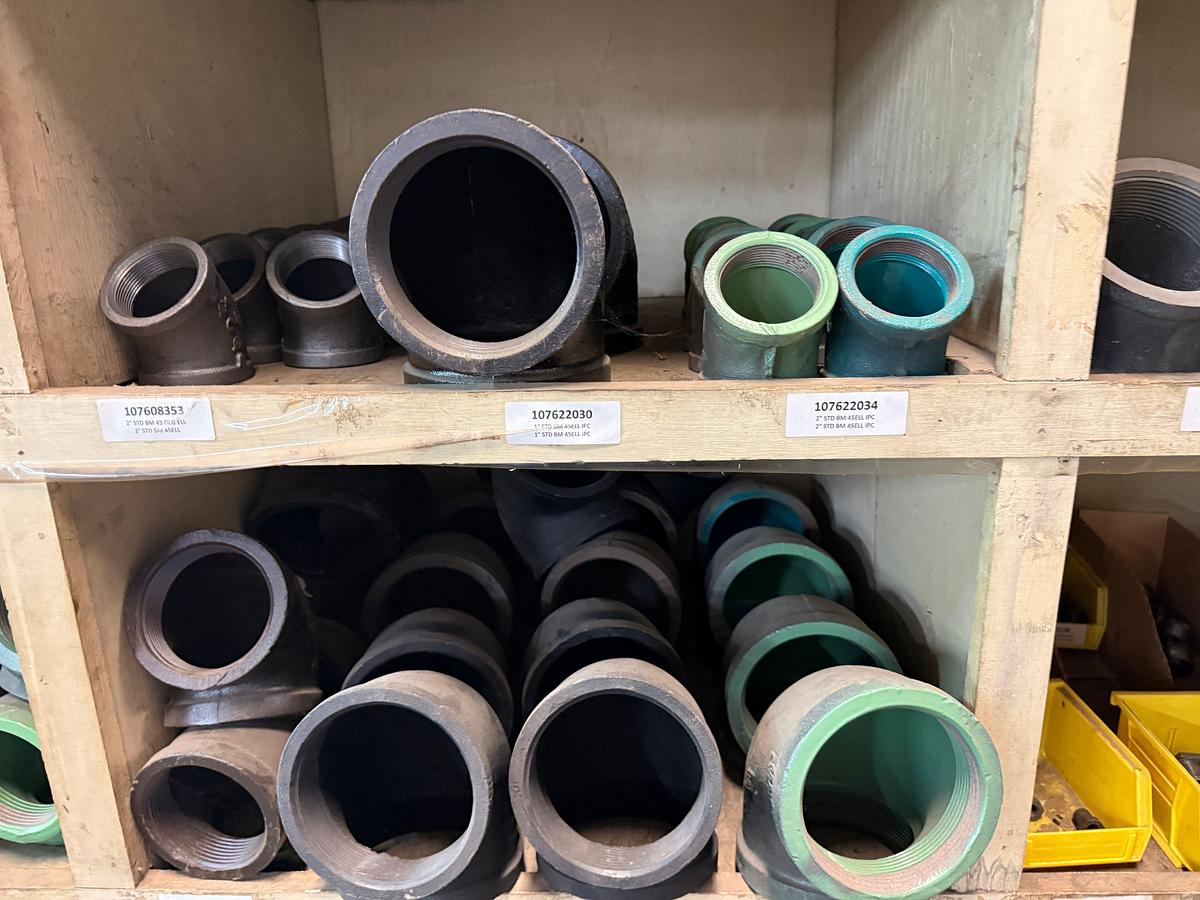 Used SECTION OF (150+) STD 1/4” THRU 3” PIPE ELS, TEES, COLLARS, Etc., SOME COATED