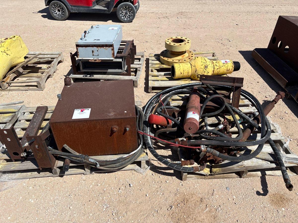 Used (3 pallets) w/ 26” x 24” x 16” hydraulic oil tank, hydraulic pump, hoses, hyd jack, breaker box, etc.