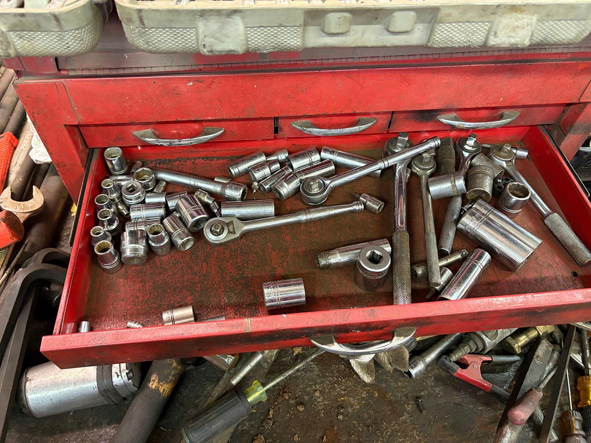 Used 98” x 52” x 36” shop table w/ contents