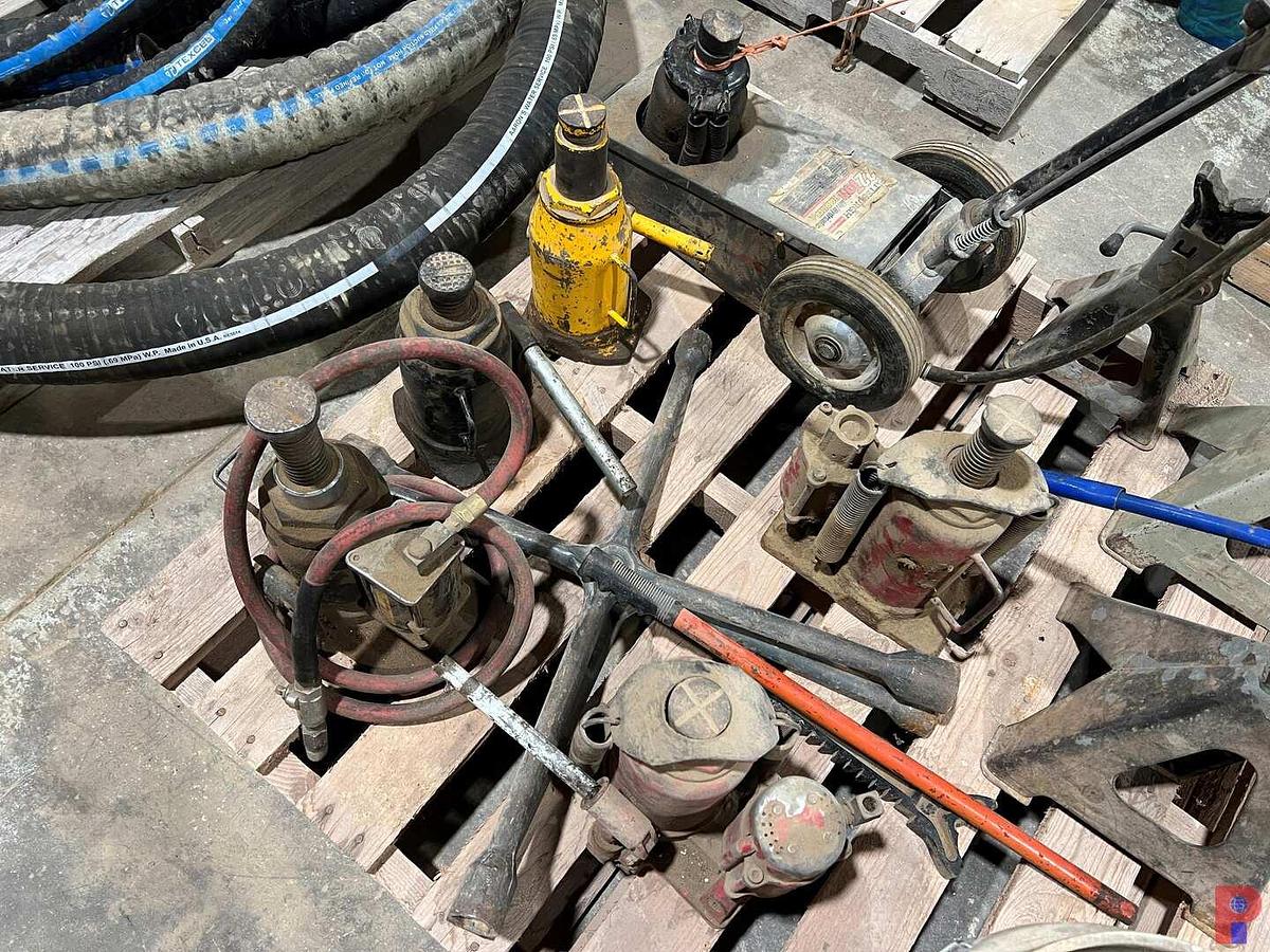 Used TWO PALLETS W/ BOTTLE JACKS, JACK STANDS, ROLLING PNEUMATIC LINE PAINTER & SEE DETAILS