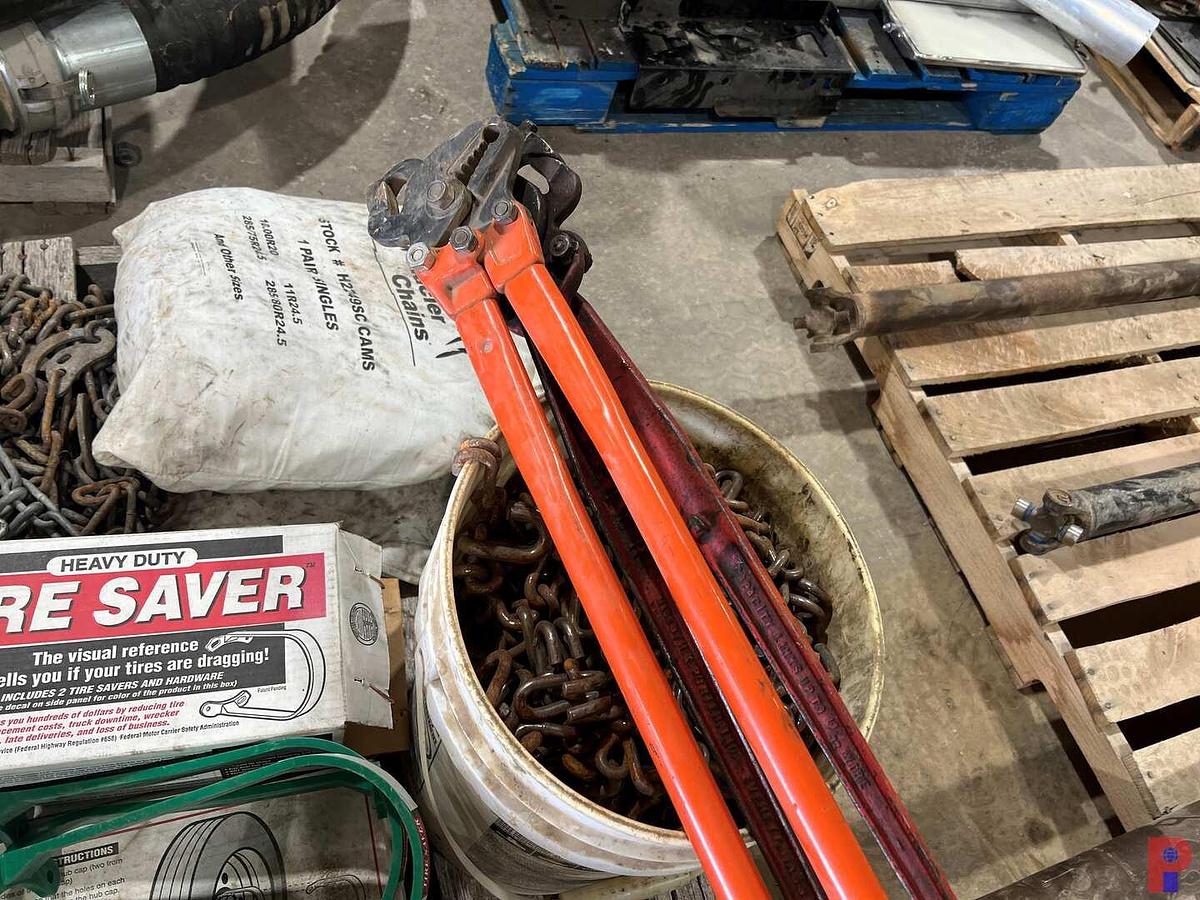 Used 2 PALLETS HAUL TRUCK WINTER TIRE CHAINS, 2- TIRE CHAIN REPAIR TOOLS, & TIRE SAVERS