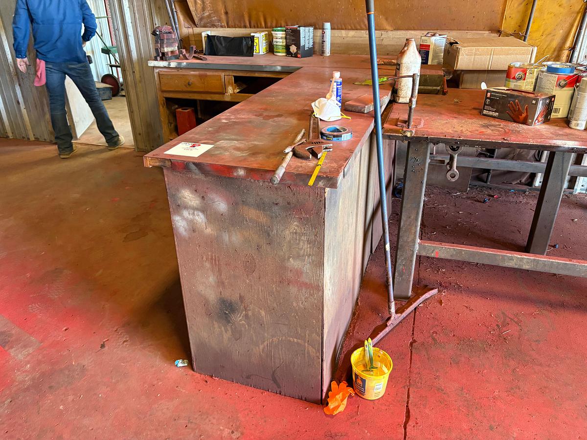 Used 100” x 75” x 41” L-shaped shop table