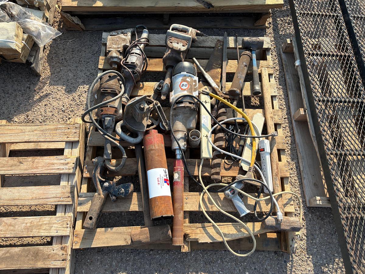 Used Pallet w/ (3) pneumatic impact wrenches, electric angle grinders, & assorted hand tools