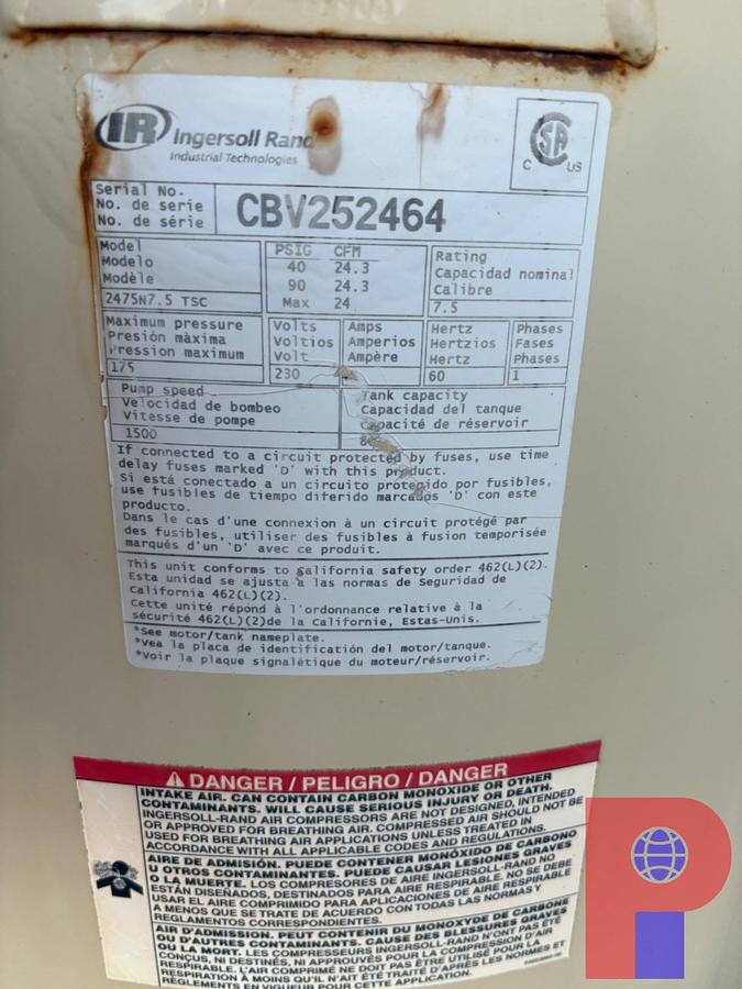 Used INGERSOLL RAND MODEL 2475 ELECTRIC AIR COMPRESSOR W/ 80 GALLON TANK