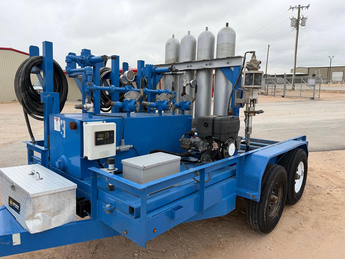 Used 3-station closing unit mtd on 12’ x 80” t/a bumper pull trailer