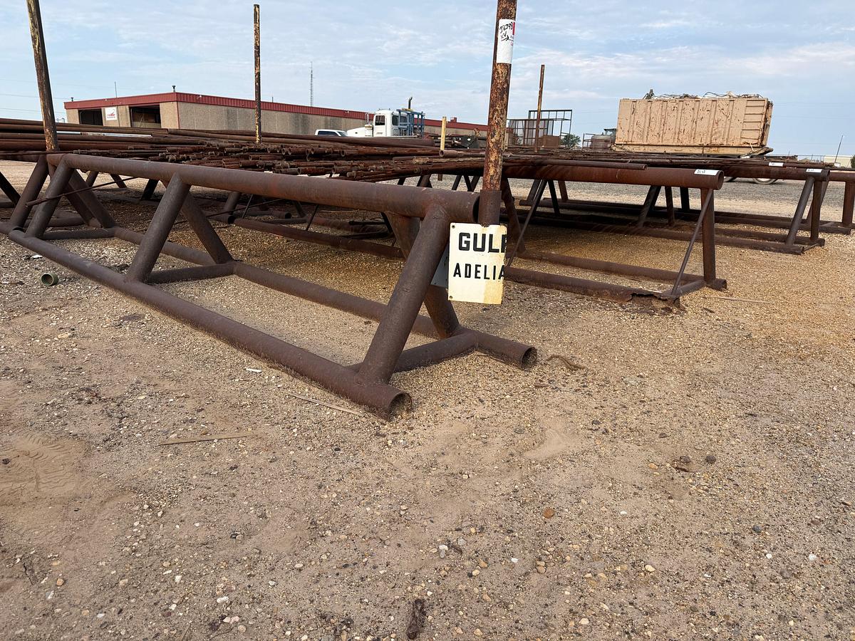 Used (4 X $) 16’L x 32” TRIANGULAR PIPE RACKS W/ PIPE STAYS (SOME RUSTED THRU ON BOTTOM)