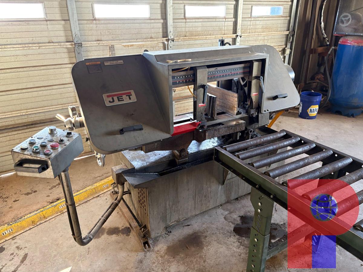 Used JET 12” X 20” SEMIAUTOMATIC MITERING HORIZONTAL BAND SAW W/ (2) ROLLER TABLES