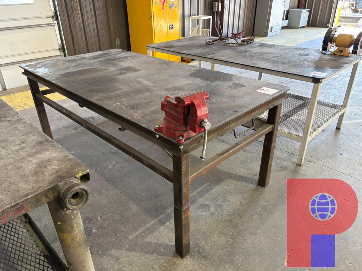 Used 8’ X 4’ X 3’ STEEL SHOP TABLE W/ WILTON VISE