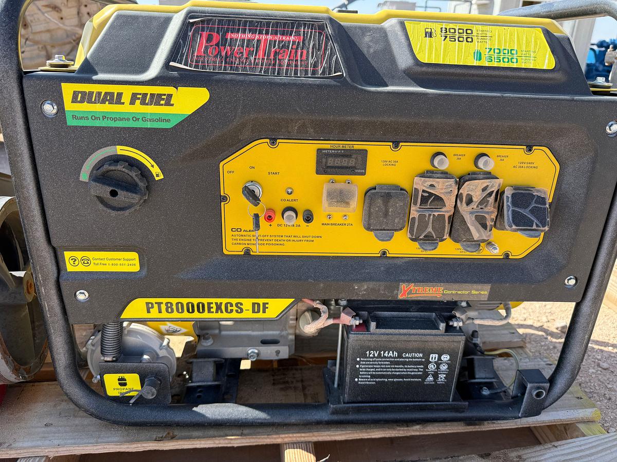 Used PALLET W/ POWERTRAIN PT8000EXCS-DF DUAL FUEL 8K WATT GENERATOR & VT470000AV AIR COMPRESSOR P/B ELEC MOTOR
