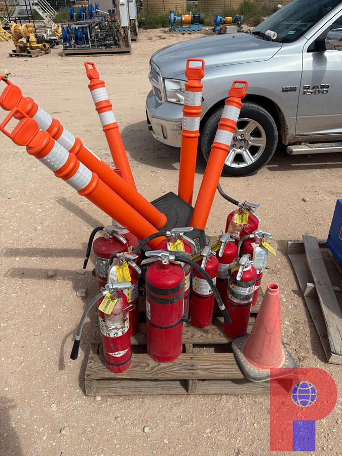 Used (2) PALLETS W/ (7) TRAFFIC CONES, (10) FIRE EXTINGUISHERS, & FIRE EXTINGUISHER MARKERS