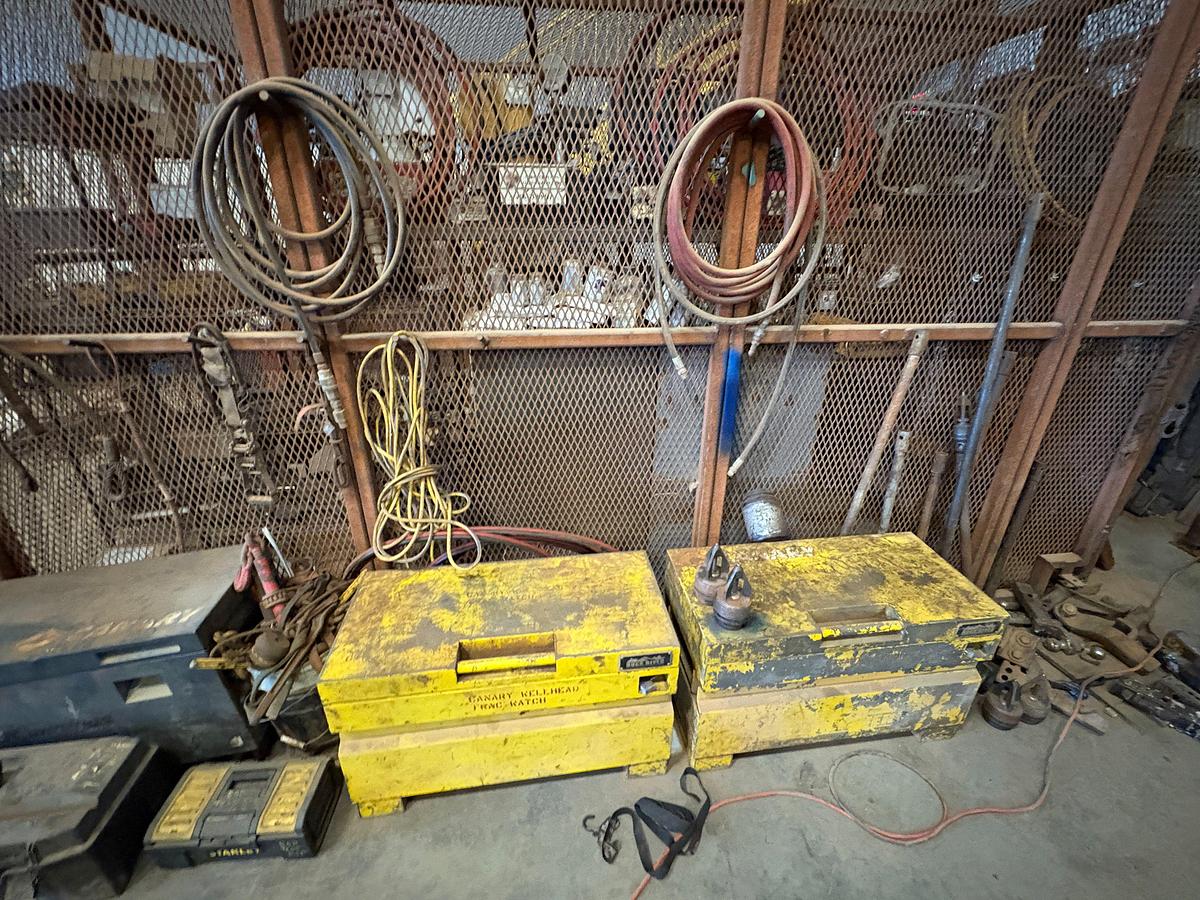 Used Lot w/ (3) job boxes w/ contents, trailer hitches, air & hydraulic hoses, safety harnesses, ladders, etc.