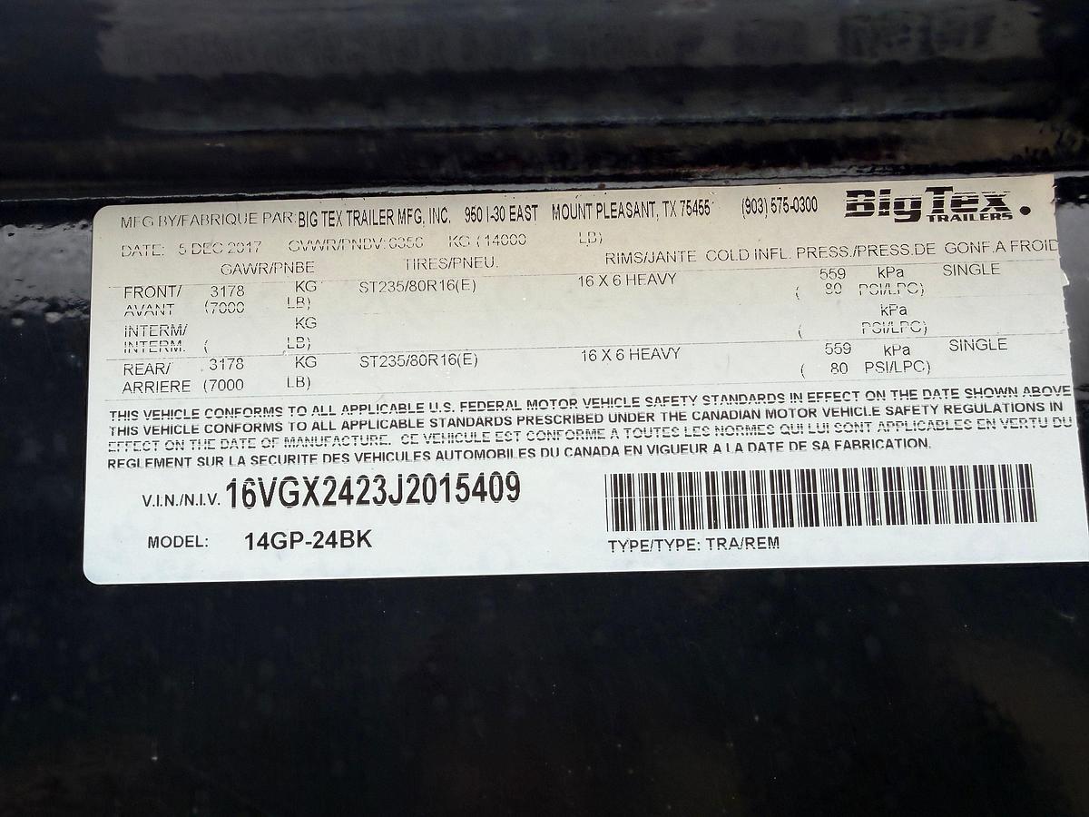 Used 2018 BIG TEX 24' T/A GN TOOL TRAILER