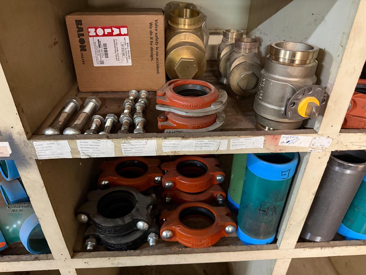Used SECTION OF MOSTLY HEAVY WALL PVC & STEEL FITTINGS, VICTAULIC COUPLERS, SWAGES, COLLARS, NIPPLES, (3) 2” JAYCO VENT VALVES