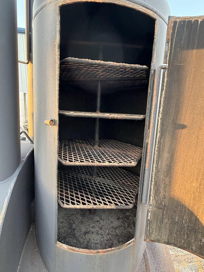 Used 2013 JOHNSON SMOKERS 9' 2-COMP. DOUBLE STACK SLIDE OUT RACKS, W/ REAR VERTICAL 4-RACK SWIVEL WOOD SMOKER BBQ PIT & GRILL
