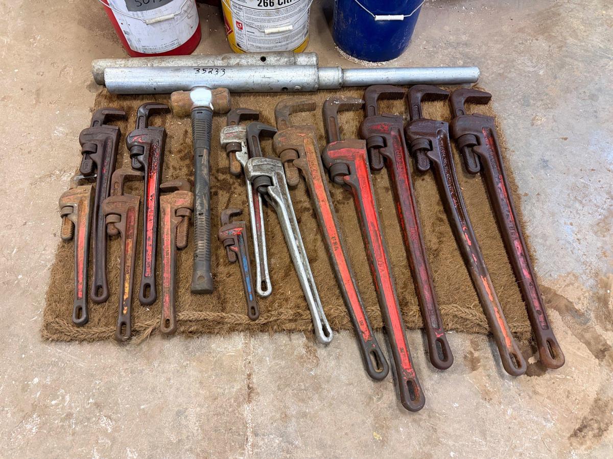 Used (13) 36” to 12” Rigid Pipe Wrenches w/ Sledge & Cheater Pipe
