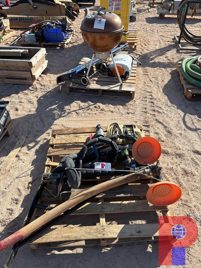 Used (2) PALLETS W/ EMERGENCY SHOWER PARTS, WEBER CHARCOAL GRILL, STIHL WEED SPRAYER, & STEP LADDER