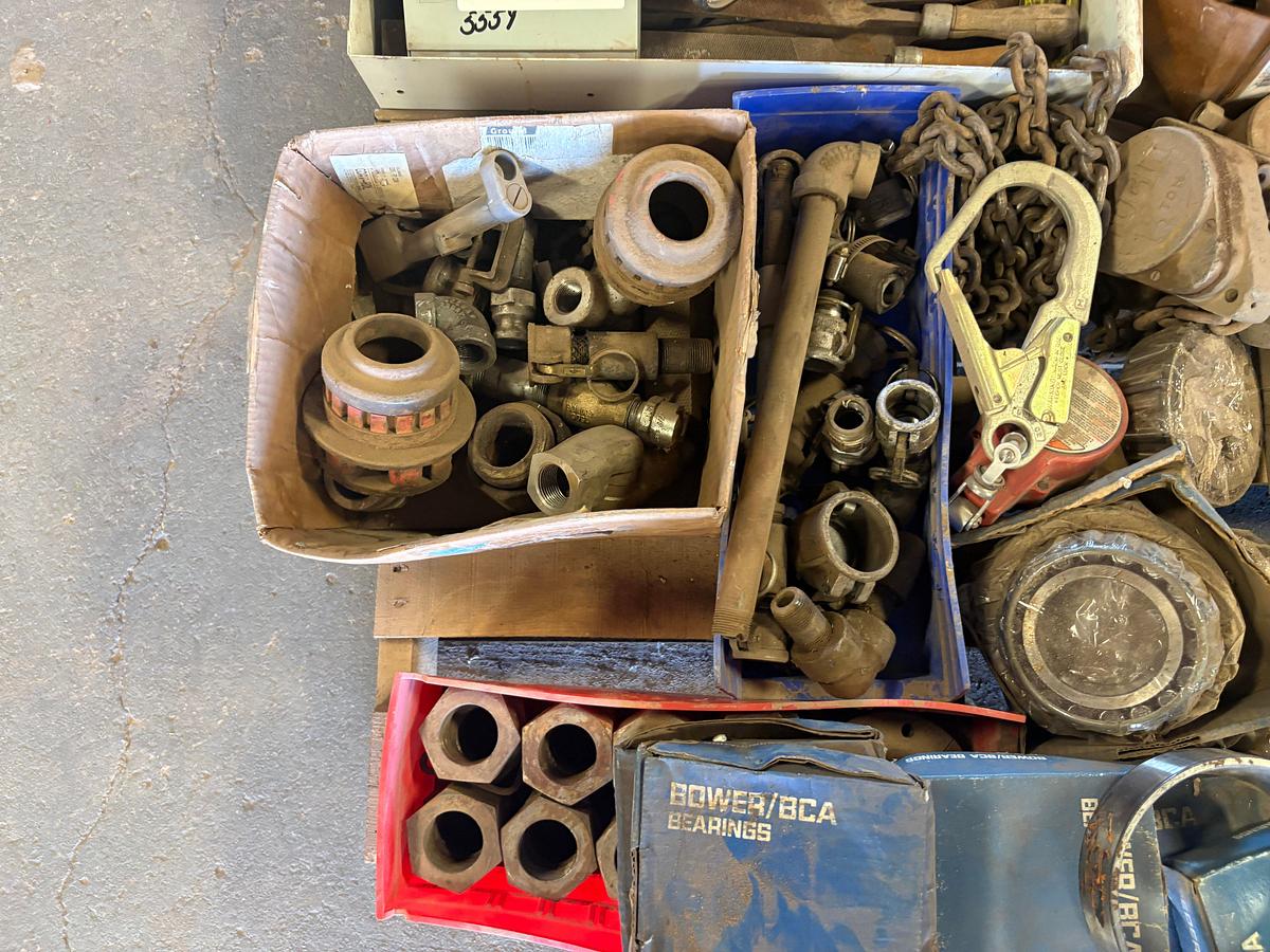 Used Pallet of assorted hose fittings, hex nuts, bower bearings, pillow block bearing, files, etc.
