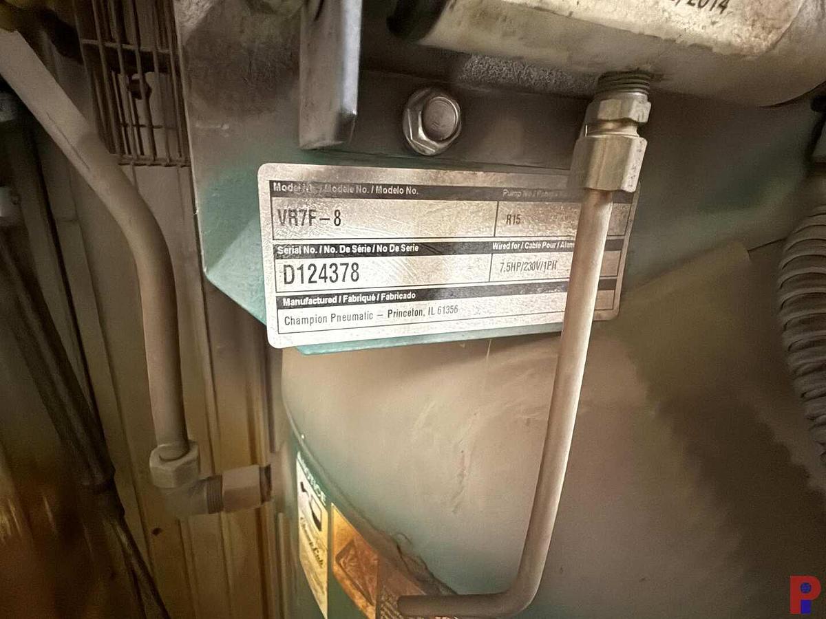 Used CHAMPION VR7F-8 7.5HP/230V/1PH 80 GALLON AIR COMPRESSOR W/ EXTRA SUPPLY TANK & UNUSED ELECTRIC MOTOR