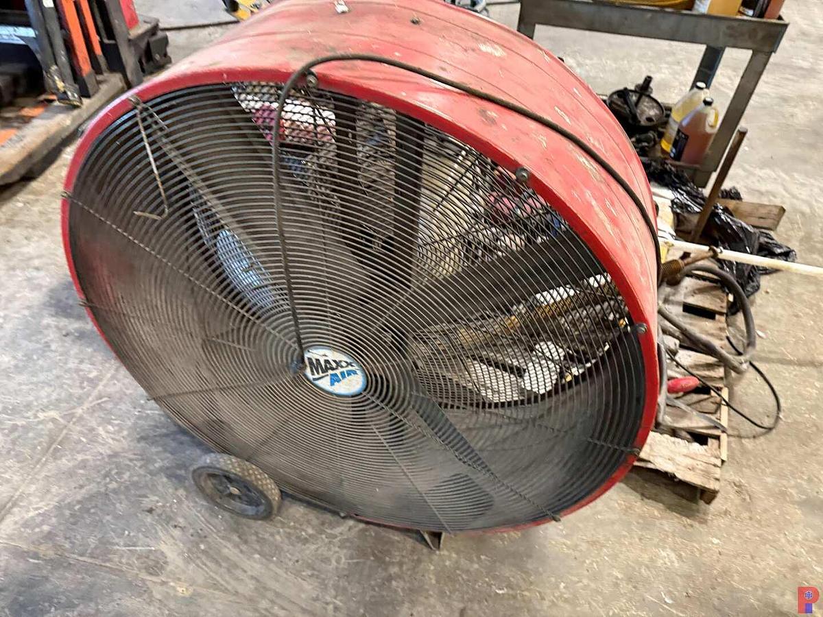 Used LOT W/ (2) ROLLING PARTS CARTS, (2) DOLLIES, HEADLAND METER, PORT A POWER FOOT PUMP, & HOSE,,  PNEUM. FLUID PUMP, 42” SHOP FAN