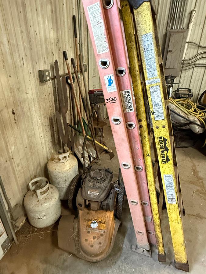 Used WALL SECTION W/ CUB CADET ST 100 WEED EATER,  (2) LADDERS, (2) PROPANE BOTTLES, DOLLY & HAND TOOLS