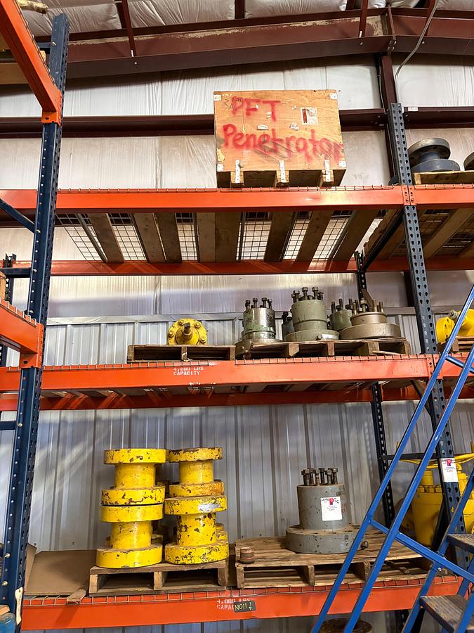 Used (3 shelves) w/ (18) assorted single stud adapters, 5” spacer spools, hydraulic valve actuator & valve stems