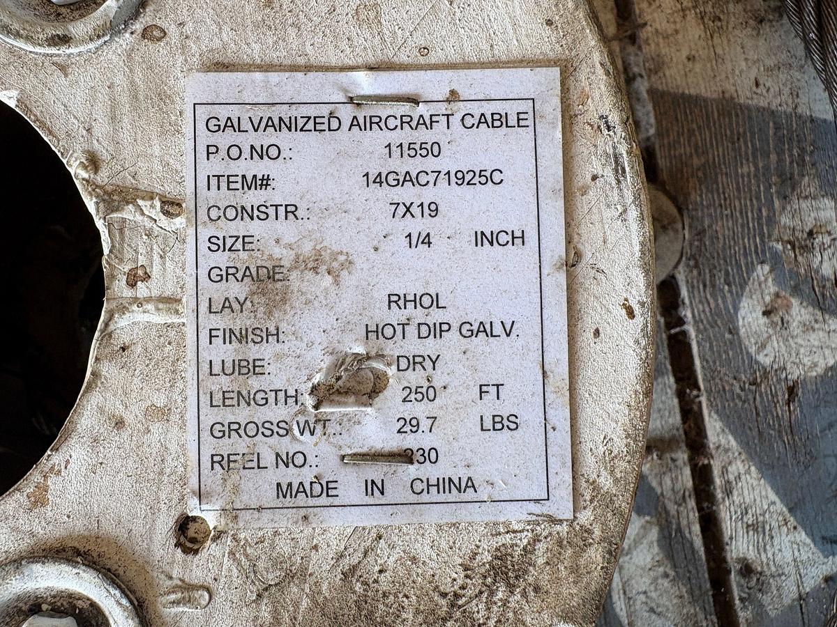Used Spool of 7/8” wire rope & spool of 1/4” galvanized aircraft cable