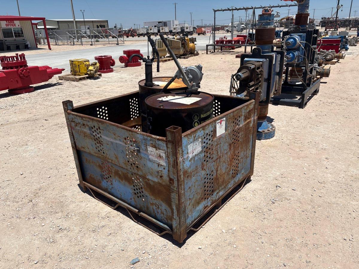 Used 4.5’ x 4’ x 3’ bin w/ (2) lubricant drums w/ manual grease pumps