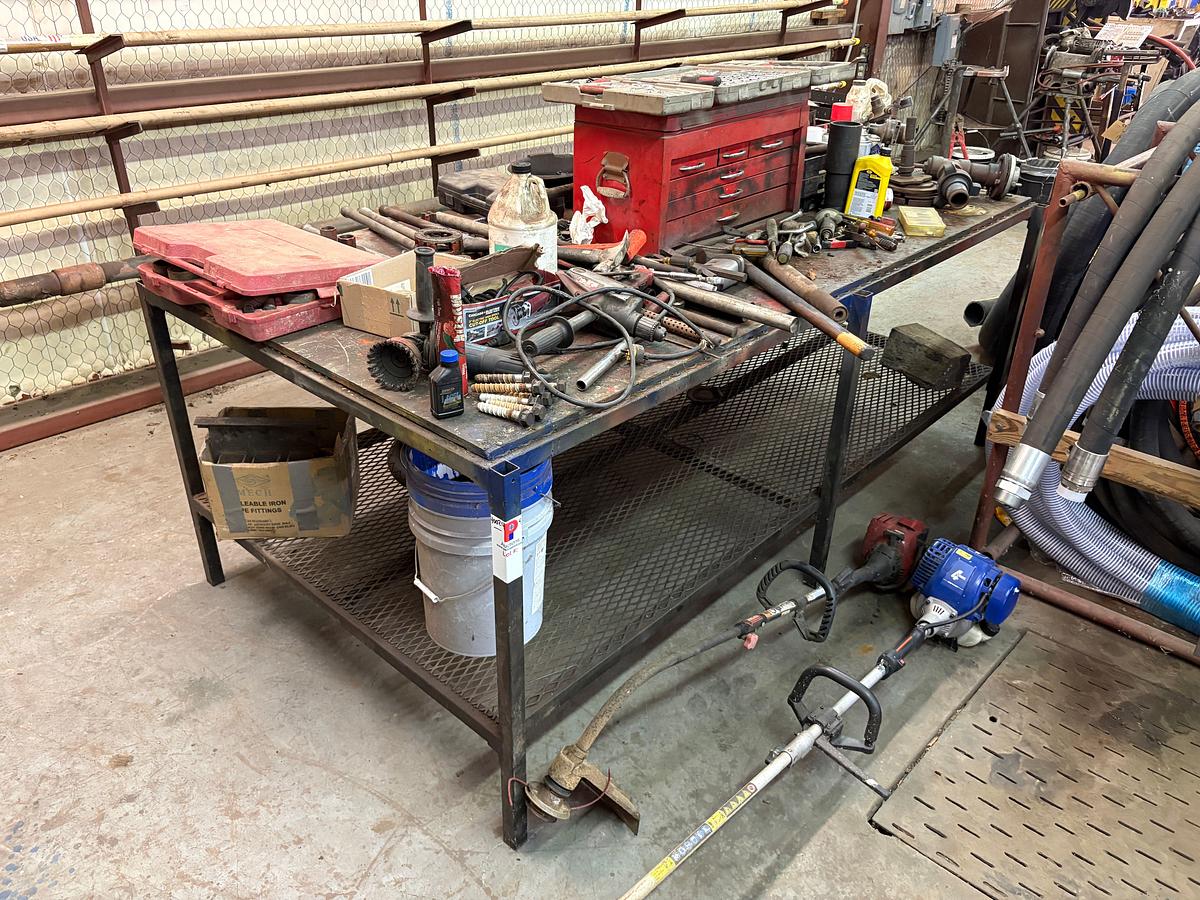 Used 98” x 52” x 36” shop table w/ contents