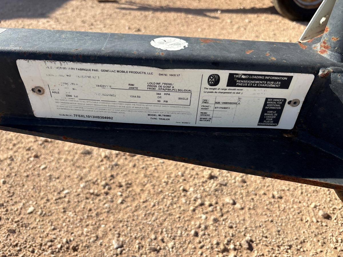 Used 2017 GENERAC MOBILE PRODUCTS MLT6SMDS 6KW S/A BUMPER PULL LIGHT TOWER